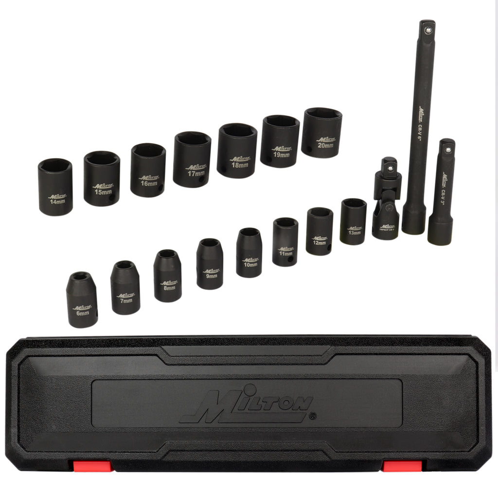 1300-SS-01 - Milton® 3/8” Drive Shallow 6-Point Impact Socket Set, 6-20mm, Steel Coated Black Oxide Finish with Universal Joint & Extension Bars (18-Piece)