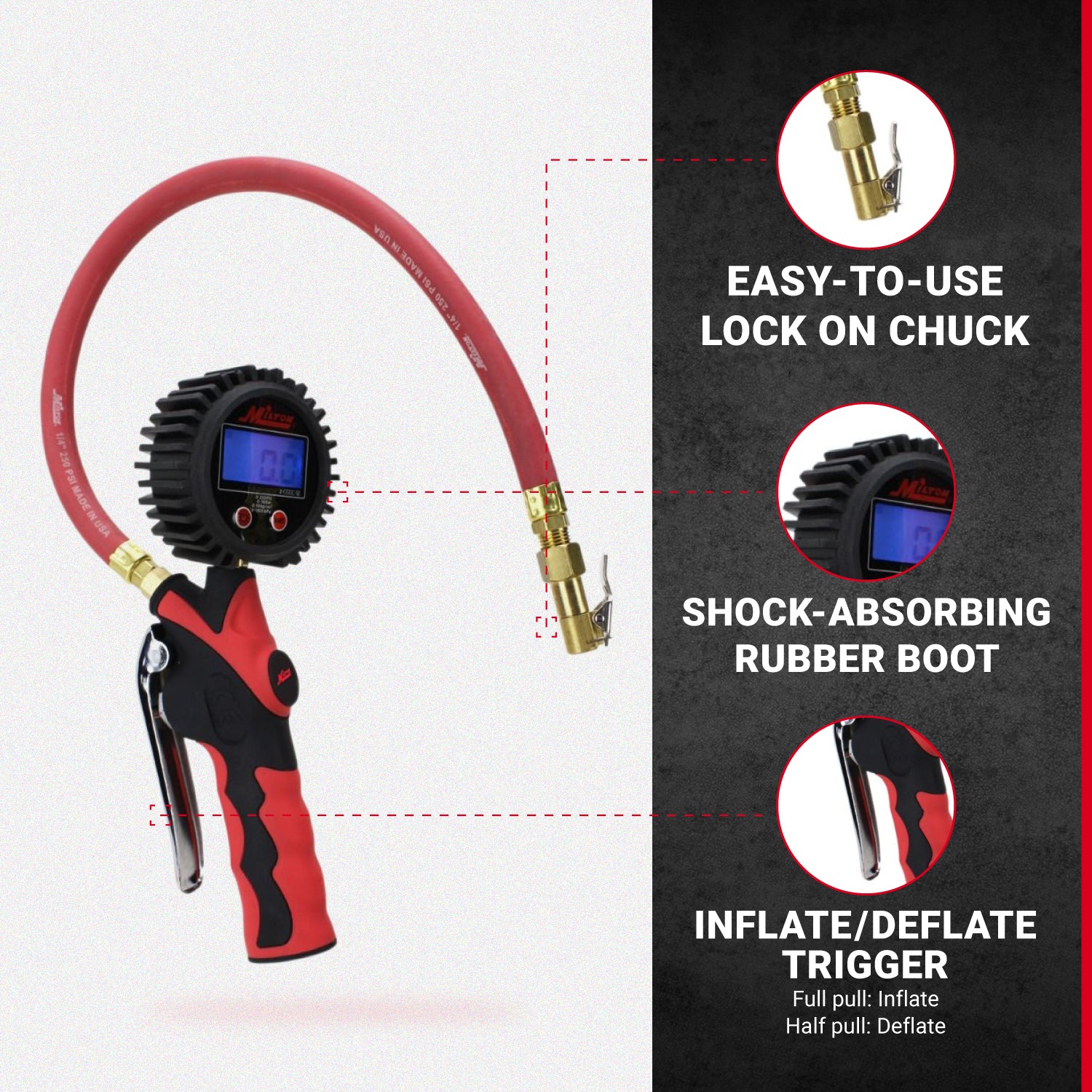 Heavy-Duty Digital Tire Inflator and Air Pressure Gauge, Clip-on Chuck, 1/4