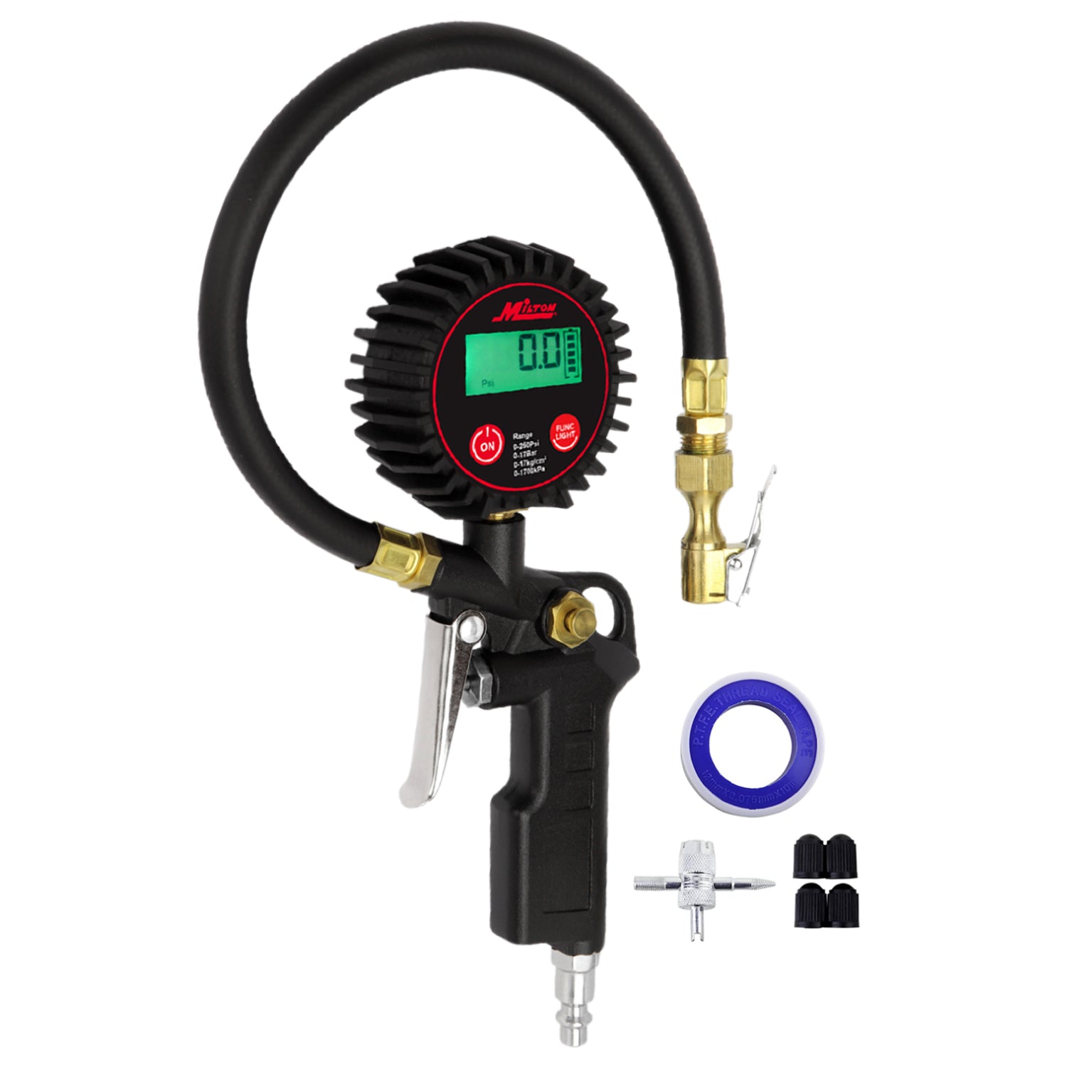 Digital Tire Inflator Car Accessories w/Accurate Air Tire Pressure Gauge, 14” Rubber Air Hose – 250 PSI, Brass Lock-On Clip Air Chuck and Compressor Accessories