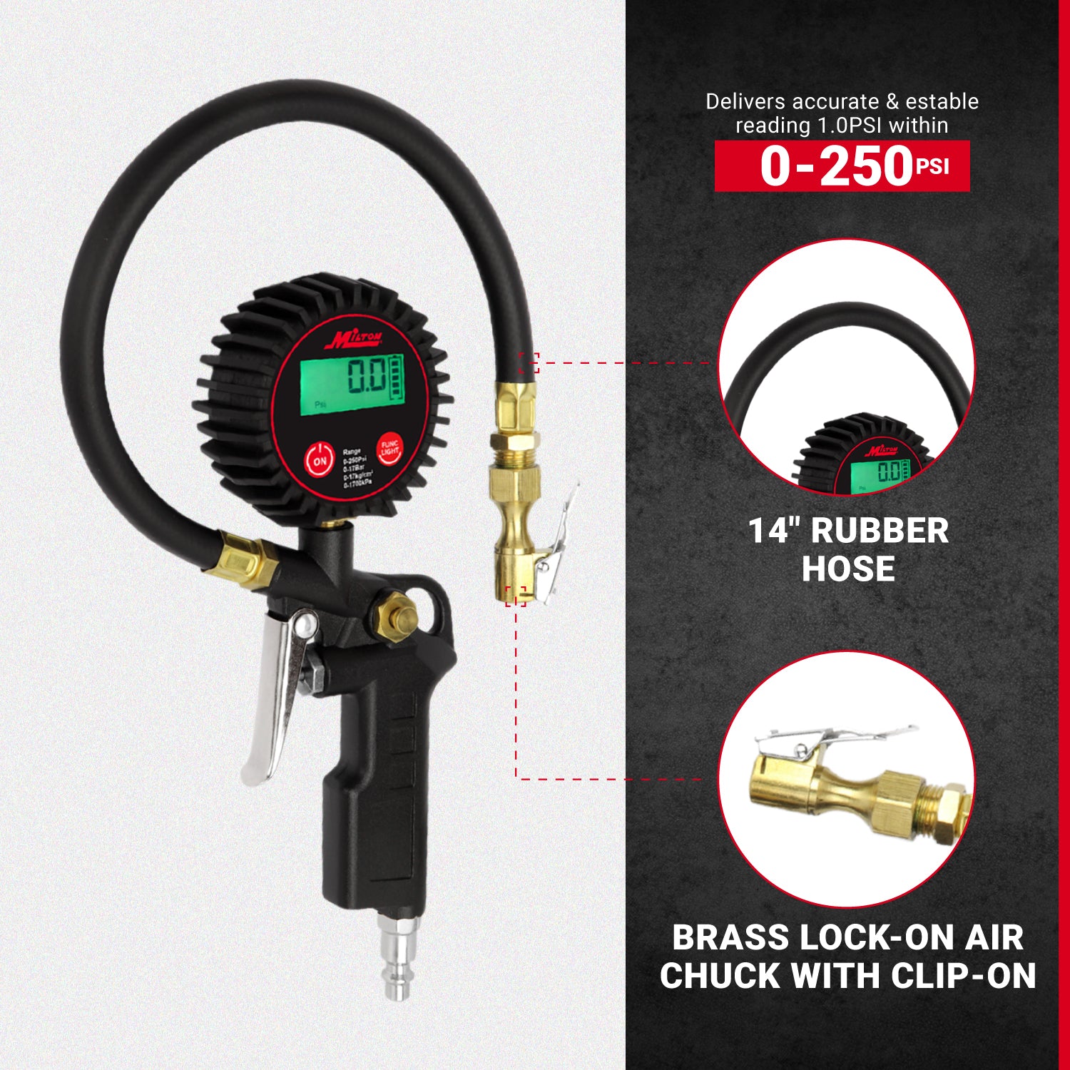 Digital Tire Inflator Car Accessories w/Accurate Air Tire Pressure Gauge, 14” Rubber Air Hose – 250 PSI, Brass Lock-On Clip Air Chuck and Compressor Accessories