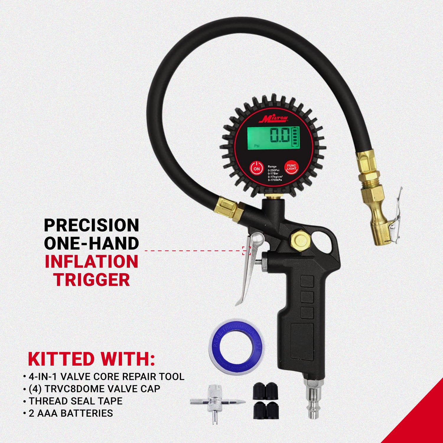 Digital Tire Inflator Car Accessories w/Accurate Air Tire Pressure Gauge, 14” Rubber Air Hose – 250 PSI, Brass Lock-On Clip Air Chuck and Compressor Accessories