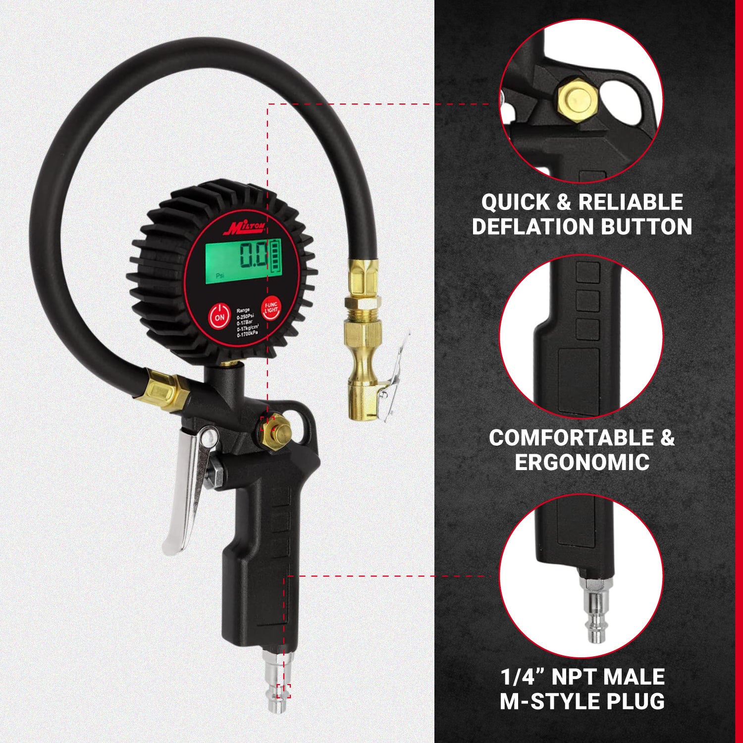 Digital Tire Inflator Car Accessories w/Accurate Air Tire Pressure Gauge, 14” Rubber Air Hose – 250 PSI, Brass Lock-On Clip Air Chuck and Compressor Accessories
