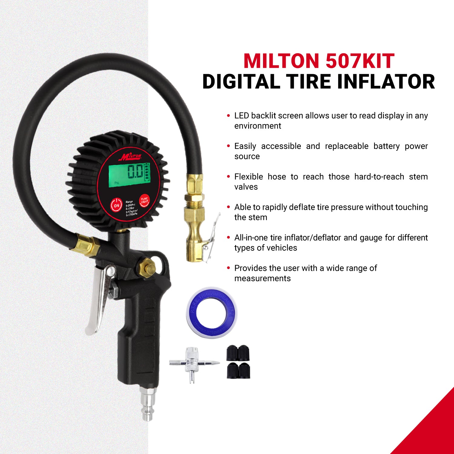 Digital Tire Inflator Car Accessories w/Accurate Air Tire Pressure Gauge, 14” Rubber Air Hose – 250 PSI, Brass Lock-On Clip Air Chuck and Compressor Accessories