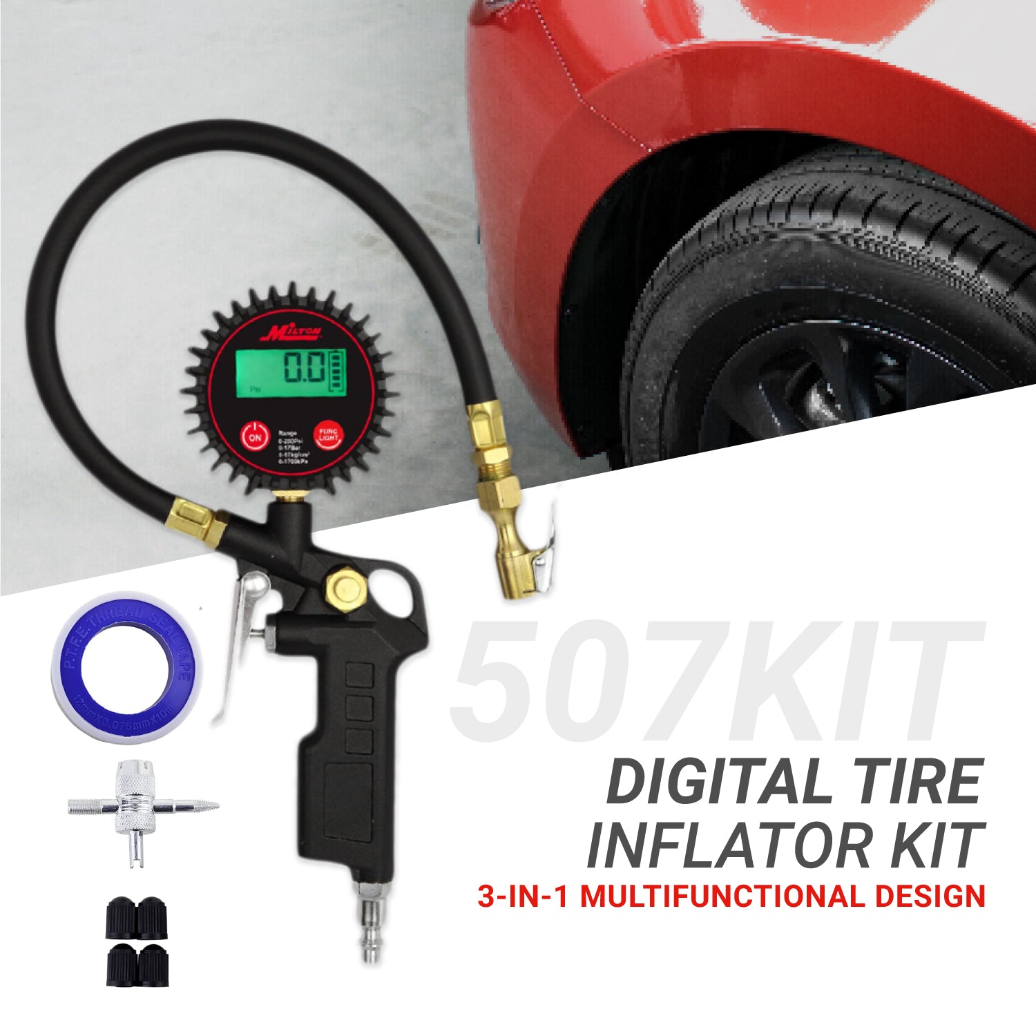 Digital Tire Inflator Car Accessories w/Accurate Air Tire Pressure Gauge, 14” Rubber Air Hose – 250 PSI, Brass Lock-On Clip Air Chuck and Compressor Accessories