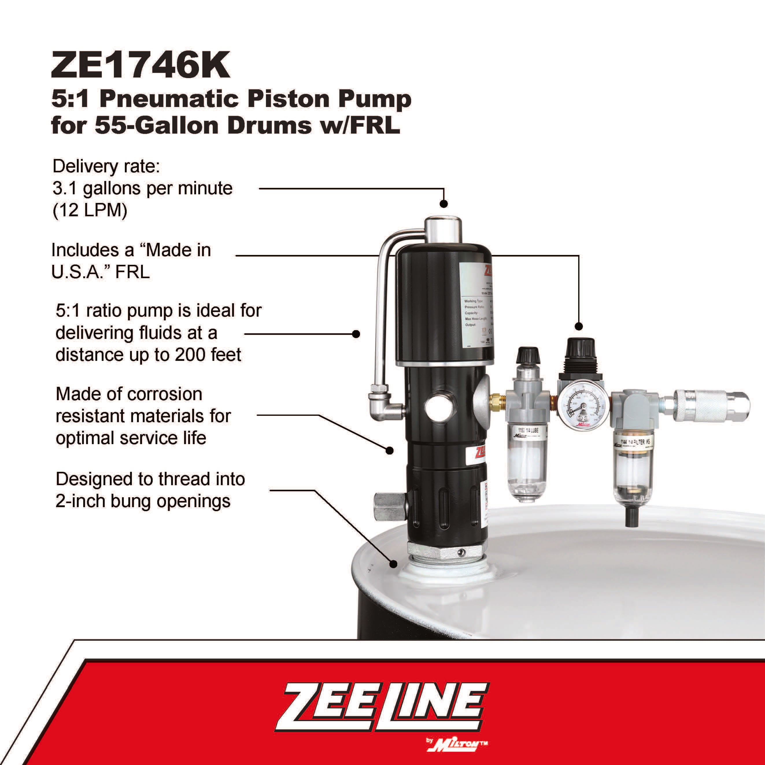 ZE1746K – 5:1 Pneumatic Piston Pump for 55-Gallon Drums w/FRL
