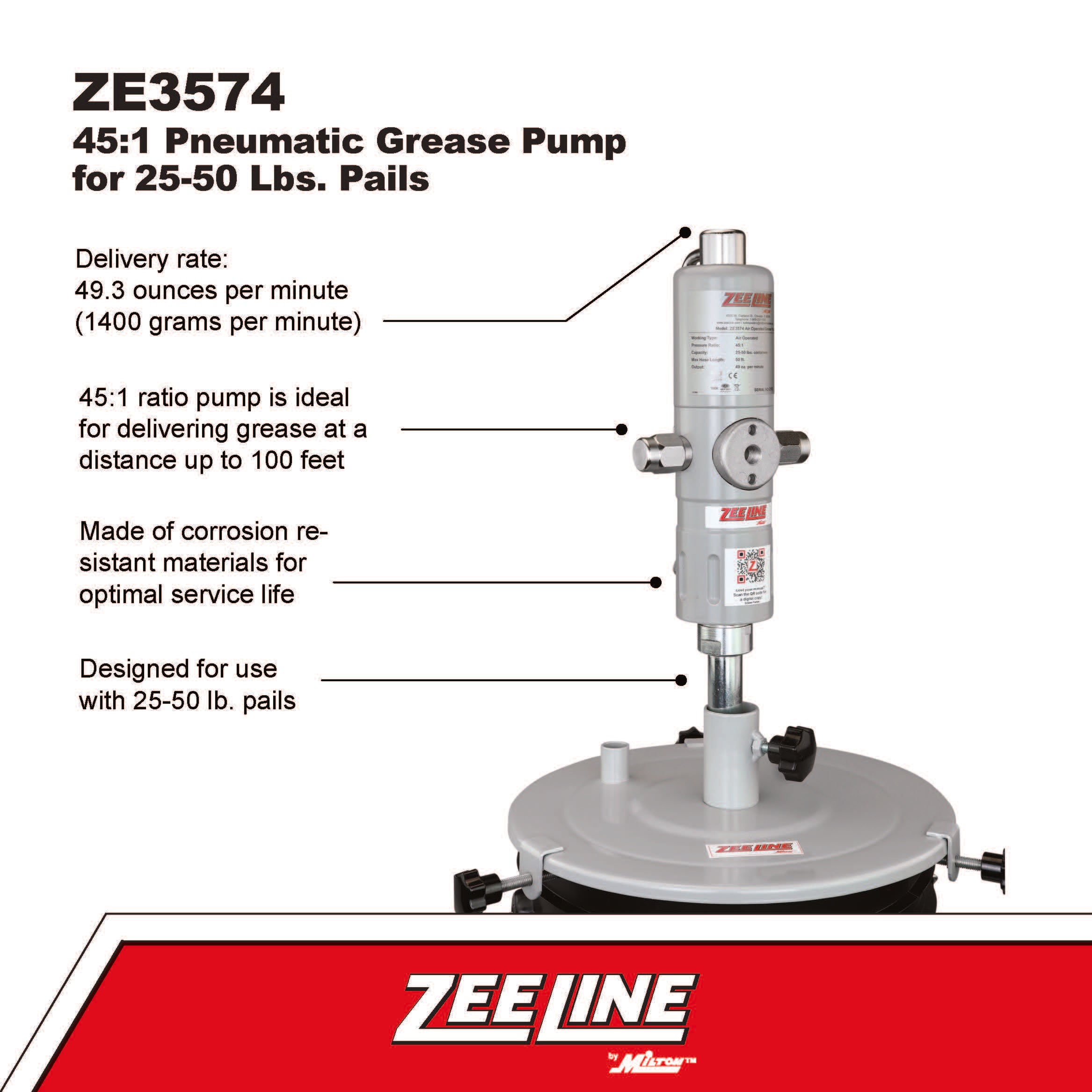 ZE3574 – 45:1 Grease Pump for 25-50 Lbs. Pails