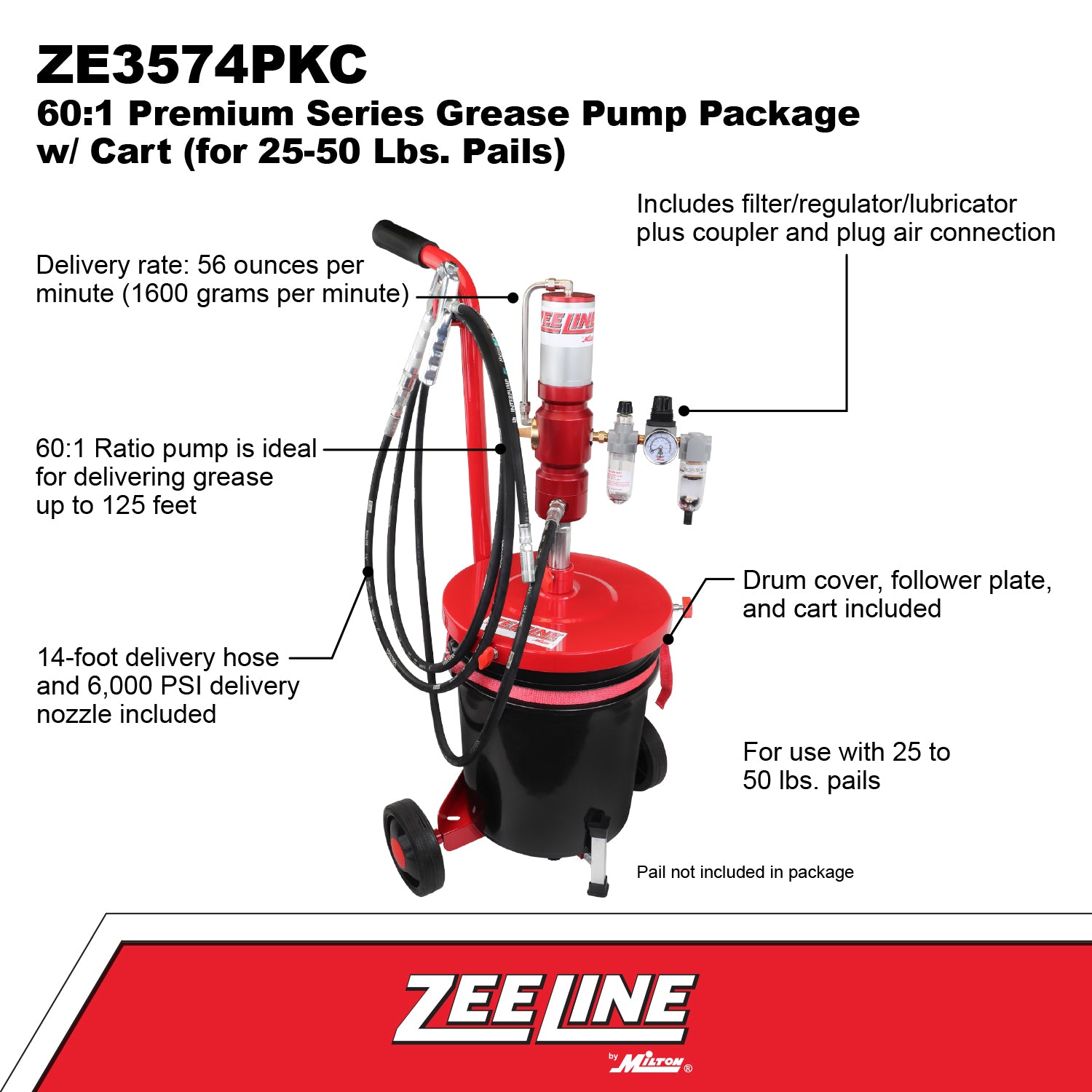 ZE3574PKC – 60:1 Premium Grease Pump for 25-50 Lbs. Pails Package w/Cart