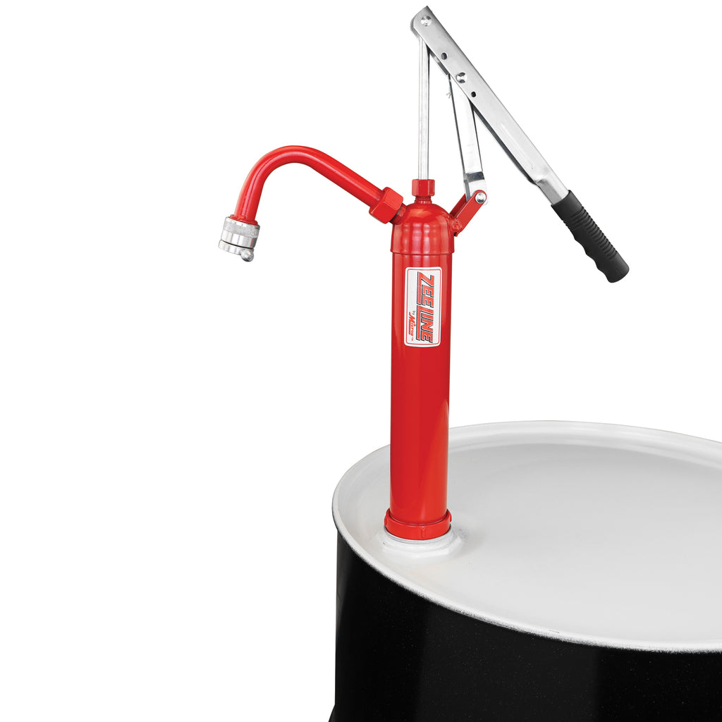 Hand operated oil pump with non-drip tip designed for 15-55 gallon drums