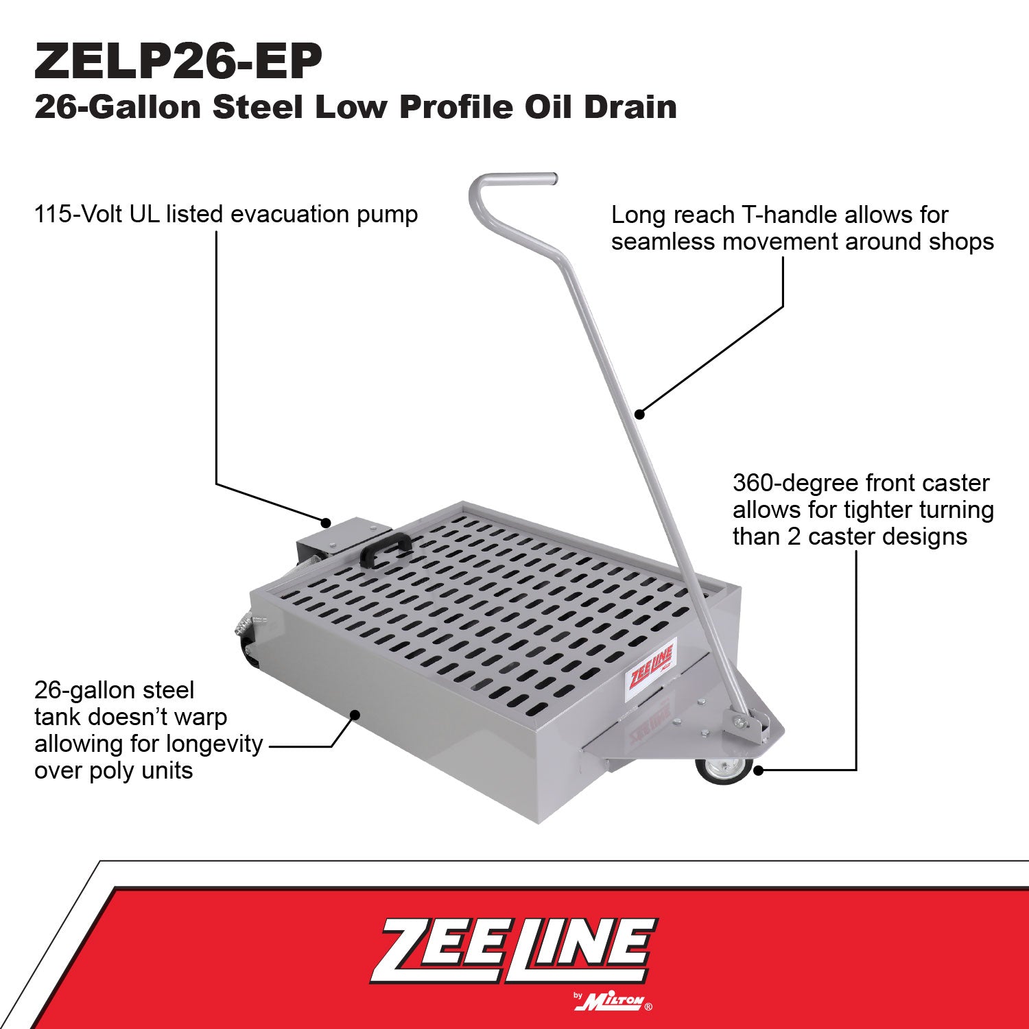 ZELP26-EP - 26 Gallon Steel Low Profile Oil Drain with Electric Pump