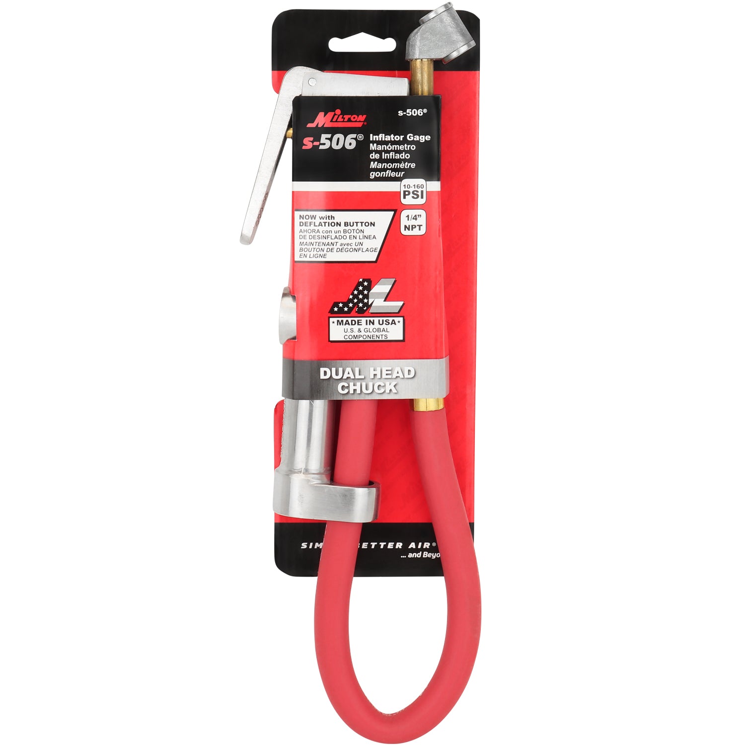 NEW & IMPROVED - s506 Milton® Tire Inflator Gauge with Dual Head Air Chuck 15” Air Hose 10-160 PSI