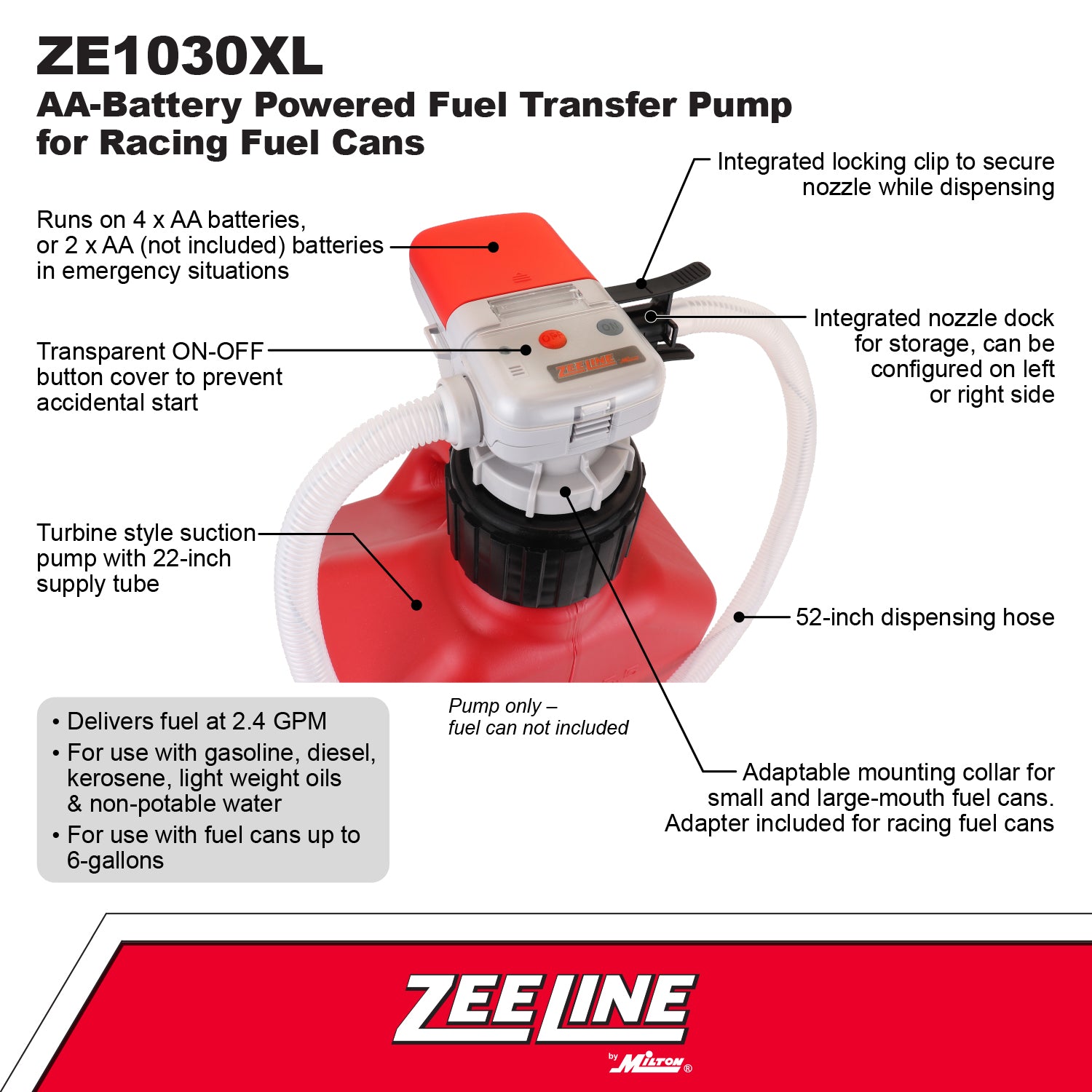 ZE1030XL – AA Battery Powered Fuel Can Transfer Pump for Racing Style Fuel Cans