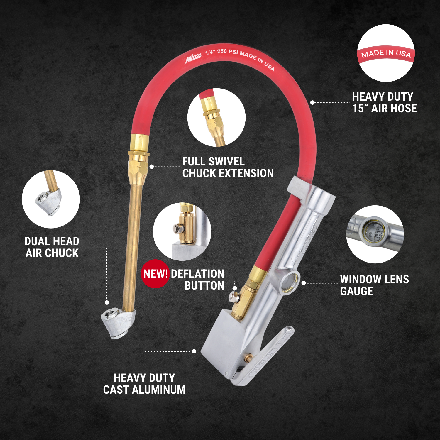 NEW & IMPROVED - s506 Milton® Tire Inflator Gauge with Dual Head Air Chuck 15” Air Hose 10-160 PSI