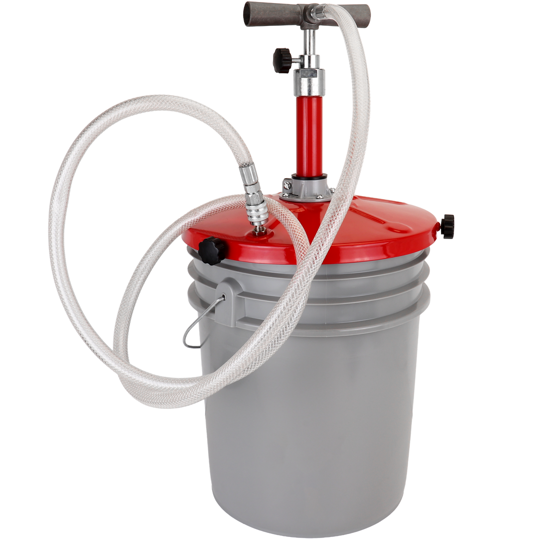Hand operated tire sealant pump with return valve and 5' hose