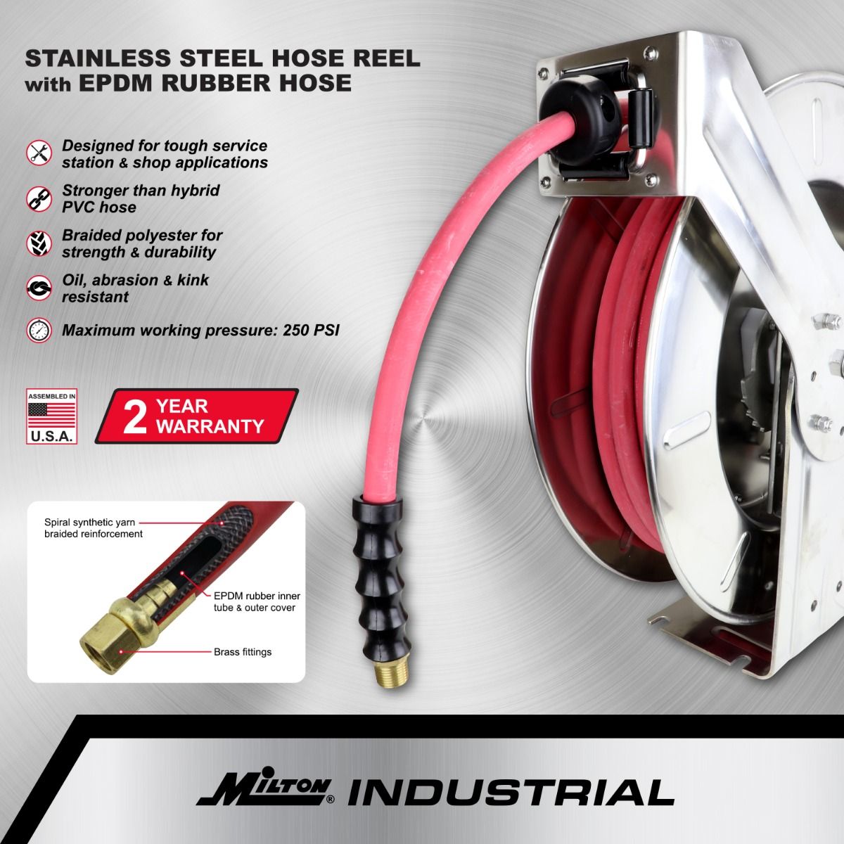 2755-5038SS - Milton® Industrial Stainless Steel Hose Reel Retractable, 3/8