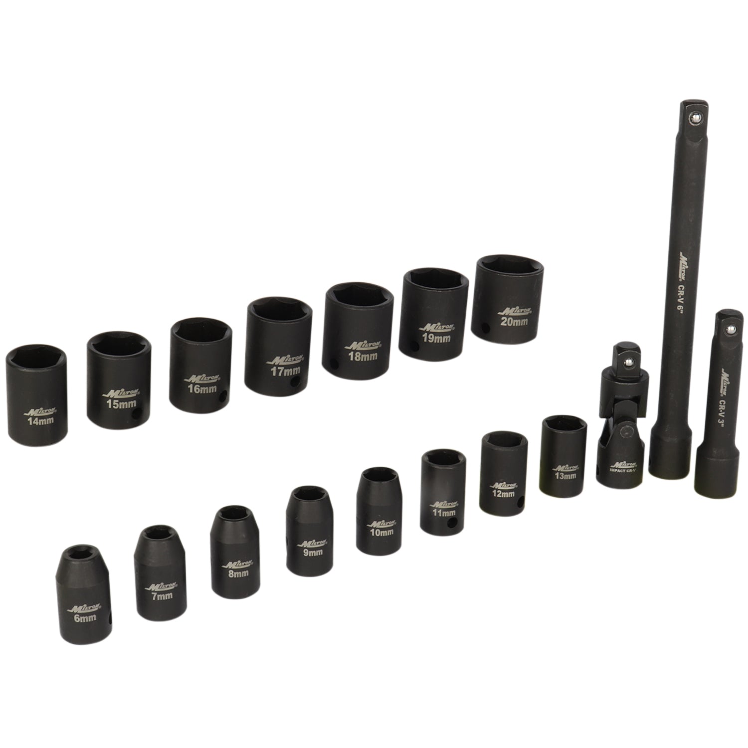1300-SS-01 - Milton® 3/8” Drive Shallow 6-Point Impact Socket Set, 6-20mm, Steel Coated Black Oxide Finish with Universal Joint & Extension Bars (18-Piece)