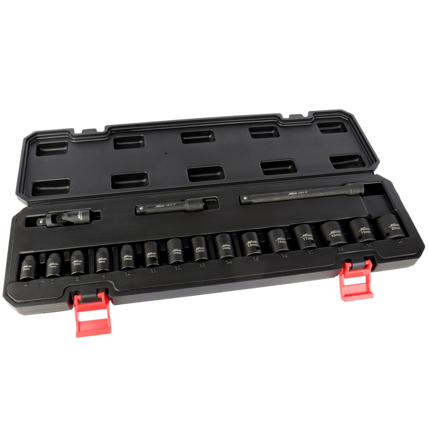 1300-SS-01 - Milton® 3/8” Drive Shallow 6-Point Impact Socket Set, 6-20mm, Steel Coated Black Oxide Finish with Universal Joint & Extension Bars (18-Piece)