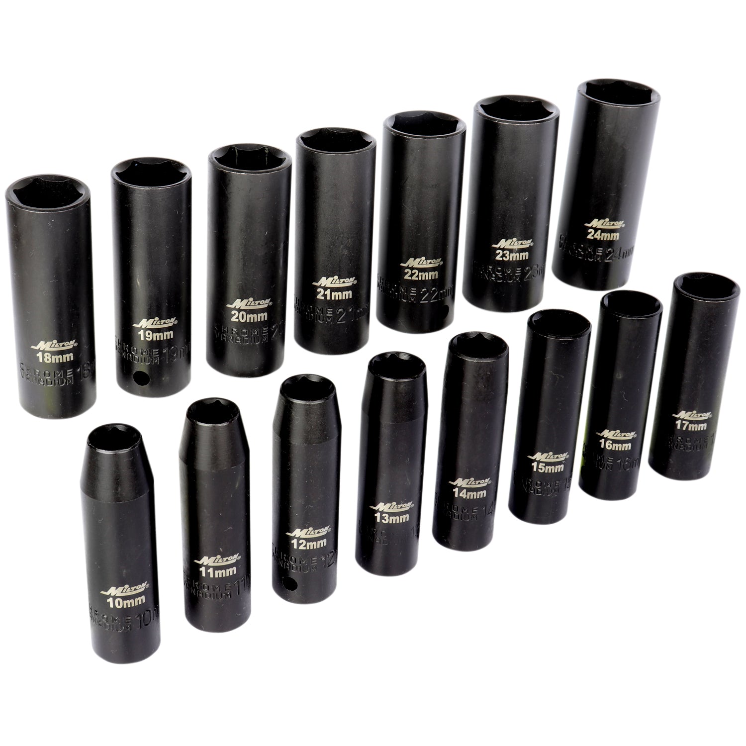 1300-SS-05 - Milton® 1/2” Drive Deep 10-24 Metric Impact Socket Set (15-Piece)