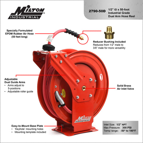 2790-50D - Milton® Industrial Auto-Retracting Hose Reel 1/2 MNPT x 50