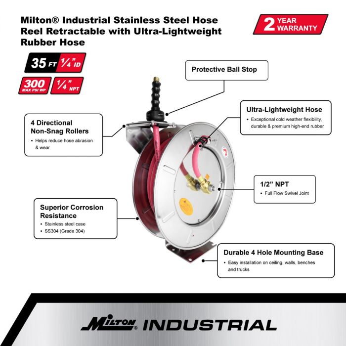 2756-5012SS - Milton® Industrial Stainless Steel Hose Reel Retractable, 1/2