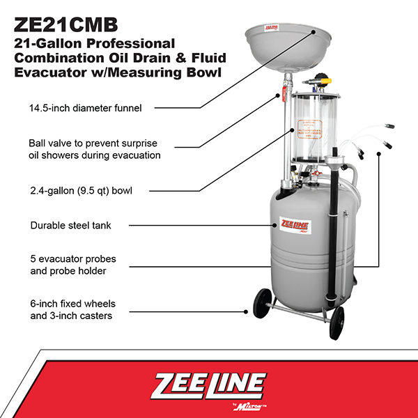 ZE21CMB – 21-Gallon Professional Grade Combination Oil Drain & Fluid Evacuator w/Measuring Bowl