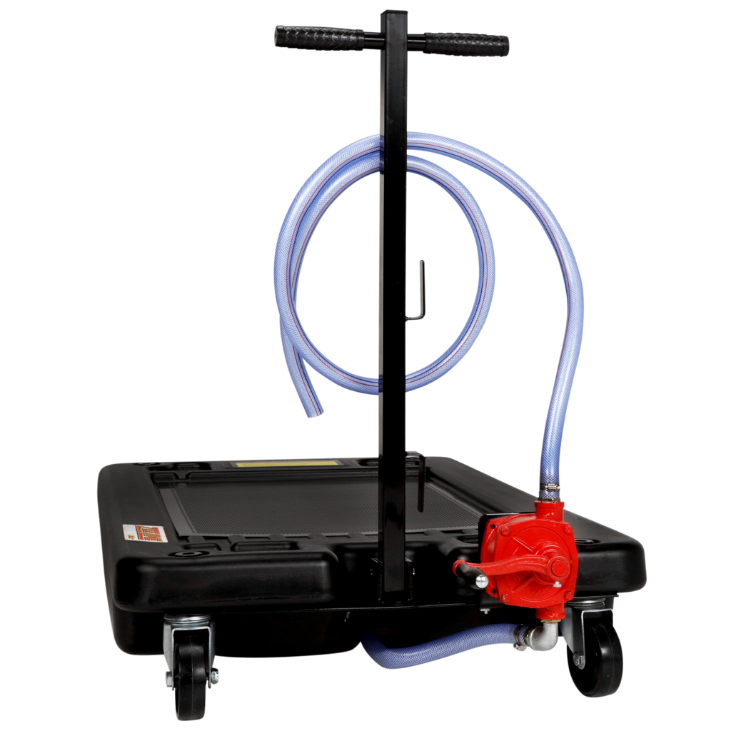 Low profile waste oil drain with an 17 gallon capacity