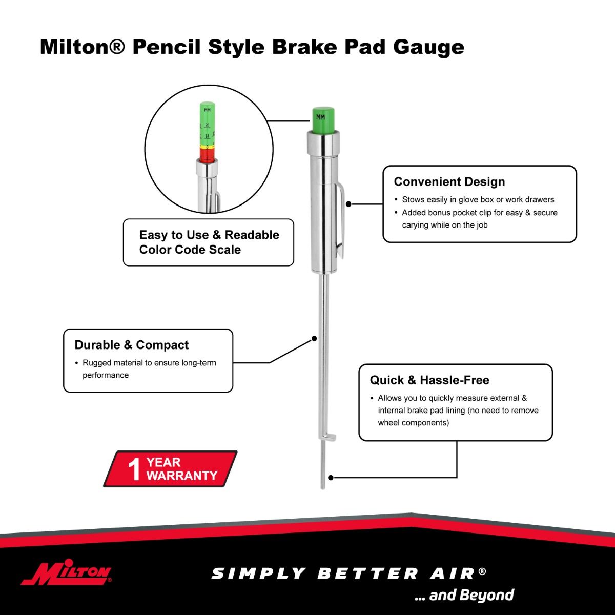 941 - Milton® Pencil-Style Brake Pad Gauge, Easy to Read & Color Coded, 0 to 20mm