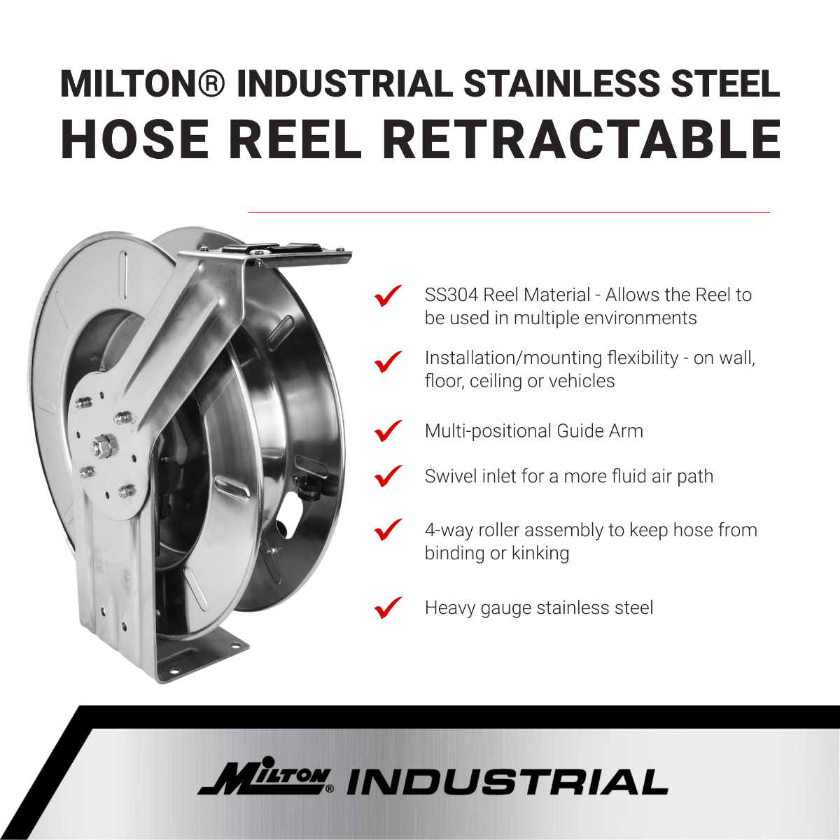 2750-12SS - Milton® Industrial Stainless Steel Hose Reel Retractable, 1/2