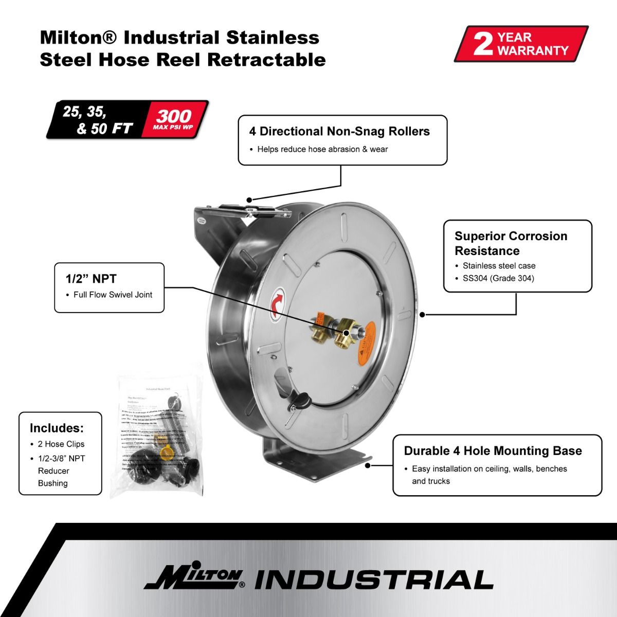 2750-12SS - Milton® Industrial Stainless Steel Hose Reel Retractable, 1/2